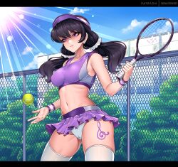 blue_sky bow_panties breasts chainlink_fence clouds draltruist friendship_is_magic humanized my_little_pony octavia_melody panties pantyshot pantyshot_(standing) purple_eyes purple_skirt skirt tennis tennis_ball tennis_racket tennis_uniform