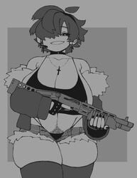 1girls big_breasts bikini breasts goth goth_tomboy gun happy_trail jean_shorts jeans looking_at_viewer magnolia_(mctamagomaki) mctamagomaki monochrome pubes pubic_hair shotgun smiling smiling_at_viewer spas-12 stockings tomboy