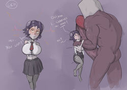 1boy 1girls choker choking giant ginny_(gorillakingh) gorillakingh huge_breasts hyper hyper_penis imminent_rape imminent_sex it'll_never_fit large_breasts large_penis maledom muscular_male school_uniform size_difference smaller_female teasing text tight_clothing torn_clothes