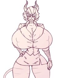 1girls 2021 breasts breasts_bigger_than_head choker cleavage demon demon_girl female female_only hand_on_hip helltaker horns huge_breasts looking_at_viewer malina_(helltaker) monochrome n647 nipple_bulge sketch smile solo suit thick_thighs thin_waist voluptuous wide_hips