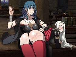 2girls akimyich ass big_ass biting_lip black_panties blue_hair blush byleth_(fire_emblem) byleth_(fire_emblem)_(female) edelgard_von_hresvelg female_only femdom femsub fire_emblem fire_emblem:_three_houses garreg_mach_monastery_uniform hairband imminent_spanking indoors looking_back medium_hair multiple_girls nintendo panties sliver_hair smile smiling spank_marks spanking teal_hair whentai yuri