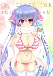 1girls bangs barely_contained belly belly_button big_breasts big_eyes bikini blue_hair closed_mouth english_text eyebrows_visible_through_hair hair_between_eyes hair_ornament hair_ribbon ice_cream long_hair looking_at_viewer midriff navel original petite pink_bikini ribbon riko_(shuz) scarf shortstack shuz_(dodidu) slim smile solo solo_female spoon striped_bikini text thighhighs twintails very_long_hair white_legwear white_scarf white_skin