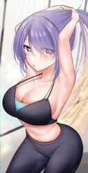 1girls 2021 armpit arms_up big_breasts breasts cleavage collarbone eye_visible_through_hair eyebrows eyebrows_visible_through_hair female female_focus female_only hair_over_one_eye hololive hololive_indonesia hololive_indonesia_area_15 looking_at_viewer midriff moona_hoshinova purple_hair rryiup solo solo_female standing sweat sweatdrop tied_hair tight_pants virtual_youtuber yoga_pants