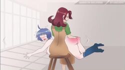 2girls animated blue_hair blue_socks bottomless breasts crying eye_patch eyes_closed female hand_drawn ikkitousen large_ass leg_up long_hair loulouvz mp4 no_sound nude over_the_knee_spanking red_hair ryomou_shimei spank_marks spanking tagme video window