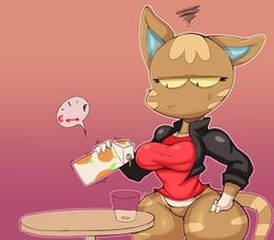 1girls animal_crossing annoyed anthro ass beverage big_breasts big_butt bottomless breasts brown_body clothed clothing container cup digital_media_(artwork) domestic_cat fangs featureless_crotch felid feline felis female female_only fur furniture furry furry_only hand_on_hip hi_res jacket katt_(animal_crossing) mammal nintendo orange_juice purple_yoshi_draws shortstack simple_background solo table tail thick_thighs topwear video_games wide_hips yellow_eyes