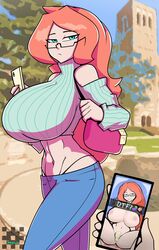 1girls background blue_eyes condom glasses handbag huge_breasts joeydrawss legs_spread long_hair looking_at_viewer midriff naked nipples oc original phone pov red_hair straight thong