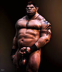 3d_(artwork) ad-games arm_tattoo balls bodily_fluids digital_media_(artwork) dripping facial_hair genital_fluids genitals hair holding_penis humanoid jewelry male male_only muscular muscular_male necklace not_furry nude orc orc_male penis precum precum_drip saggy_balls shoulder_tattoo simple_background solo standing tattoo