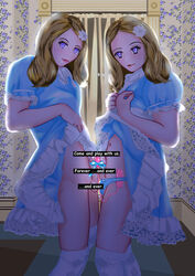 1boy 1futa balls blue_dress blue_eyes blue_panties brown_hair clothed clothing creepy dress english_text femboy frottage futanari grady_twins human light-skinned_futanari light-skinned_male light_skin male pale_skin partially_clothed penis penis_touching sex_toy socks standing stephen_king takahiro_(artist) text the_shining thigh_socks thighhighs twins vibrator white_socks window