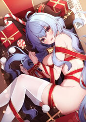 1girls absurd_res bangs bell big_breasts blue_hair blush bondage box breasts candy candy_cane christmas detailed_background female ganyu_(genshin_impact) genshin_impact hair_between_eyes hands_tied hi_res highres horn horns huge_breasts in_a_box large_breasts long_hair looking_at_viewer looking_up mouth_open nia_0703 open_mouth presents purple_eyes ribbon ribbon_bondage ribboned_body side_view solo stockings thick thick_thighs thigh_highs thighhighs thighs white_legwear white_stockings wrapped yellow_eyes