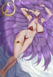 1girls 2021 araneesama arms_up artist_signature athena_(saint_seiya) barely_clothed barely_contained blush breasts cutesexyrobutts_(style) female female_only green_eyes hi_res hips hourglass_figure huge_breasts lingerie long_hair looking_at_viewer naughty_face pale-skinned_female pale_skin purple_hair red_lingerie saint_seiya saori_kido slim_waist thick_thighs thighs very_long_hair wide_hips