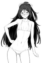 2d bikini black_and_white blush closed_mouth collarbone cowboy_shot fanart female flat_chest hair_between_eyes hair_ribbon hand_on_hip highres kantai_collection katsuragi_(kantai_collection) long_hair looking_at_viewer navel ponytail ribbon simple_background solo standing swimsuit takaman_(gaffe) true_flat_chest wavy_mouth white_background wide_hips