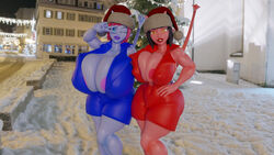 2girls 3d areola_slip black_hair blender blue_eyes christmas cleavage demon_girl_(kabalmystic) female female_only huge_breasts looking_at_viewer orange_eyes original_character purple_skin red_hair red_skin shocking_(artist) smiling_at_viewer tagme thick_thighs