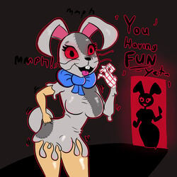 anthro big_breasts bow_tie breasts buckteeth bulge english_text female five_nights_at_freddy's five_nights_at_freddy's:_security_breach gender_transformation goo_transformation hacssaw hi_res mtf_transformation open_mouth red_sclera scottgames solo teeth text tongue tongue_out transformation vanny_(fnaf) video_games whiskers