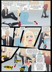 1girls 2boys artist_request ass background_characters blonde_female blonde_hair character_name closed_eyes comic_page crying english_text glasses light_blue_pants old_man open_mouth over_the_knee over_the_knee_spanking pants_down pants_pulled_down red_heels red_shirt scooter spank_marks spanking suit sweetasschick teenager