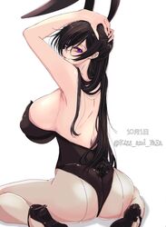 absurdres animal_ears armpits arms_on_head back bangs black_footwear black_hair black_leotard breasts bunnysuit code_geass commentary_request covered_nipples female fishnet_legwear fishnets from_behind genderswap_(mtf) hair_between_eyes high_heels highres huge_breasts lelouch_lamperouge leotard long_hair looking_at_viewer luluko pantyhose playboy_bunny playboy_bunny_leotard purple_eyes rabbit_ears rabbit_girl red_light_district rule_63 sideboob sidelocks sitting smile solo