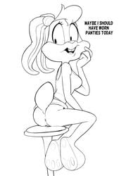 anthro anus bottomless clothed clothing dress drockdraw female genitals hi_res lagomorph leporid lola_bunny looney_tunes mammal monochrome no_underwear pussy rabbit solo the_looney_tunes_show warner_brothers