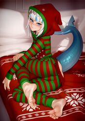 1girls animal_tail ass barefoot blue_eyes blue_highlights butt_flap christmas clothed clothed_female drop_seat_pajamas eye_contact feet female foot_fetish gawr_gura greek_toe hololive hololive_english hololive_myth hooded kairuhentai kairunoburogu looking_at_viewer lying_on_bed medium_hair onesie pajamas small_breasts soles solo tagme tail thighs tight_clothing toes two_tone_hair virtual_youtuber vtuber white_hair young youtuber