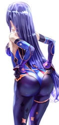 1girls 2021 2d_(artwork) alternate_hairstyle alternate_version_available ass ass_focus back_view big_ass black_hair breasts bubble_butt female female_only genshin_impact hair_down highleg_leotard large_ass leggings leotard long_hair medium_breasts mona_(genshin_impact) purple_leotard reaching_back sheer_legwear sideboob simple_background standing thick_thighs thighs tight_clothing tight_fit tights uenoryoma white_background