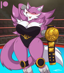 1girls 2021 belt blush breasts championship_belt cleavage closed_eyes female female_only furry hand_behind_head huge_breasts leotard mastergodai original_character pink_fur pink_hair scratches solo species_request thick_thighs wide_hips wrestling_belt wrestling_ring