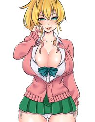 1girls artist_request big_breasts blonde_hair blue_eyes breast_focus breasts cameltoe cleavage deep_cleavage earrings female female_focus female_only giant_breasts green_skirt gyaru hajimete_no_gal hips huge_breasts lips long_hair miniskirt nails open_shirt panties pink_shirt pussy school_uniform shirt short_skirt skirt solo solo_female solo_focus thick_thighs thighs white_panties wide_hips yame_yukana