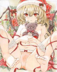 absurdres barefoot blonde_hair breasts cameltoe crystal female flandre_scarlet hat highres kisarush lying marker_(medium) navel on_back one_side_up parted_lips red_eyes santa_hat small_breasts solo spread_legs stuffed_animal stuffed_toy teddy_bear toes touhou traditional_media wings