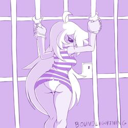 ass bars blush bondage bound boundlightning handcuffs imminent_rape long_hair monochrome panties prison prison_clothes scared sweatdrop thigh_gap underskirt white_panties