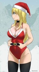 1girls big_breasts blonde_hair brown_eyes christmas christmas_outfit cleavage cute fairy_tail female female_only gaston18 leotard lucy_heartfilia red_leotard smile solo thick_thighs thighs xmas