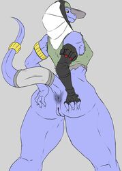 absurd_res anthro anus ass blue_body breasts claws clothed clothing female genitals hat headgear headwear hi_res mature_female muscular muscular_female partially_clothed pussy scalie simple_background smile solo tolerain_(artist) yellow_eyes