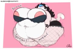 1girls after_vore areola areolae bbw big_belly big_breasts bluebrush breasts breasts_bigger_than_head female female_only fishnet_legwear full_body furry furry_only hair_over_one_eye large_breasts massive_belly nekocrispy no_humans obese pink_areola pink_background post_vore red_eyes solo solo_female solo_focus ssbbw standing stomach_noises thick_thighs thighs thunder_thighs