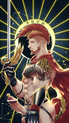 1boy abs alternate_costume anal anal_object_insertion ares_(priapus) arm_tattoo bar_censor bara beard black_gloves blue_eyes cape censored character_name chest_tattoo cock_ring constellation erection facial_hair from_side gloves green_eyes highres holding holding_sword holding_weapon jockstrap large_pectorals male male_focus male_only male_underwear male_urethral_insertion mature_male mohawk muscular muscular_male nipple_piercing nipple_rings nipples object_insertion orange_hair pectorals penis penis_piercing piercing priapus pubic_tattoo red_cape sex_toy short_hair sideburns solo stomach sword tattoo underwear urethral_insertion veins veiny_penis weapon wind yzpyn