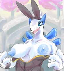 anthro big_breasts black_clothing black_wristband blue_eyes blue_nipples breasts bunny_costume clothing clothing_down costume fake_ears fake_rabbit_ears female kiseff legendary_pokemon lugia mammal nintendo nipples pokemon pokemon_(species) solo surprise video_games white_body wristband