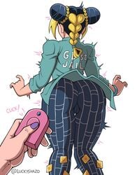 1girls ass big_ass big_butt braided_hair cameltoe clothed dat_ass female female_protagonist fully_clothed gwess jojo's_bizarre_adventure jolyne_kujo long_hair luckyshazo sex_toy stone_ocean thick_thighs thighs tight_pants trembling vibrator yellow_eyes