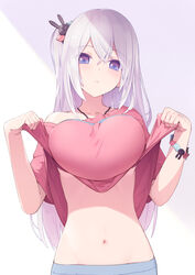 azumi_akitake bare_shoulders bracelet breasts bunny_hair_ornament clothes_lift commentary_request eyebrows_visible_through_hair female hair_between_eyes hair_ornament highres jewelry large_breasts lifted_by_self long_hair looking_at_viewer navel original parted_lips pink_shirt purple_eyes shirt shirt_lift simple_background solo white_background white_hair