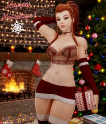 1girls 3d big_breasts breasts brigitte bustier choker christmas christmas_outfit christmas_tree female female_only fit fit_female lingerie navel_piercing nemesis_3d overwatch shiny_skin sleeves solo stockings tattoo thick_thighs thighs