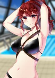 1girls alternate_costume anna_(fire_emblem) armpits arms_behind_head arms_up bangs bikini black_bikini black_swimsuit blurry blurry_background blush breasts collarbone commentary_request eyebrows_visible_through_hair female female_only fire_emblem hair_between_eyes indoors large_breasts lips long_hair looking_at_viewer navel nintendo pink_lips ponytail pool red_eyes red_hair sideboob sidelocks smile solo swimsuit tara_(szzj7733) that_pool upper_body