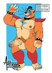 aereous animatronic anthro armpit_hair balls big_balls big_penis blue_claws blue_eyes blush blush_lines body_hair bow_tie bracelet chest_hair claws clothed clothing dialogue dialogue_box digital_drawing_(artwork) digital_media_(artwork) ear_piercing five_nights_at_freddy's five_nights_at_freddy's:_security_breach fur genitals glamrock_freddy_(fnaf) hat headgear headwear hi_res jewelry looking_at_viewer machine male male_only mammal multicolored_body multicolored_fur musclegut muscular muscular_anthro muscular_arms muscular_male muscular_thighs nipples pecs penis piercing pubes robot scottgames shoulder_pads smile solo speedo spiked_bracelet spikes swimwear ursid ursine vein veiny_penis video_games