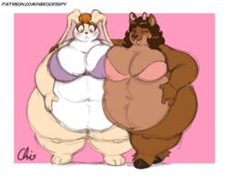 bbw2girls belly big_belly big_breasts bluebrush blush bra breasts closed_eyes deer duo duo_focus female female_only full_body furry furry_only hand_on_belly long_ears nekocrispy no_humans obese open_eyes pink_background pink_bra purple_bra thick_thighs thighs