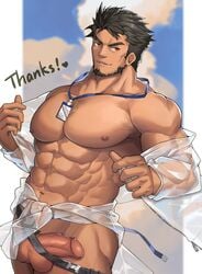 1boy abs bara bare_pectorals beard belt between_pectorals bottomless clothes_around_waist cowboy_shot dark-skinned_male dark_skin erection facial_hair grey_belt highres id_card jacket jacket_around_waist lanyard large_pectorals male male_focus male_only mature_male muscular muscular_male navel neckwear nipples open_clothes open_shirt original pectorals penis short_hair sideburns solo stomach tekkowang thick_thighs thighs uncensored veins veiny_penis