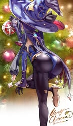 1girls 2021 ass back_view bending_forward big_ass black_hair bubble_butt christmas christmas_tree clothed clothed_female english_text female female_only genshin_impact hair_ornament hat highleg_leotard indoors large_ass large_hat leggings leotard long_hair mona_(genshin_impact) purple_leotard sheer_legwear simple_background standing text tight_clothing tight_fit tights twintails uenoryoma witch_hat