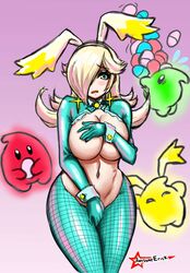 1girls alternate_breast_size alternative_costume awesomeerix bare_shoulders belly big_breasts bimbo blonde_hair blue_eyes blue_gloves blue_panties blue_stockings blue_thighhighs breasts bunny_ears collarbone covering_breasts covering_crotch cyan_eyes earrings easter_egg egg elbow_gloves embarrassed eyelashes fake_animal_ears female gloves hair hair_over_one_eye headwear highleg_panties hips huge_breasts latex latex_gloves light-skinned_female light_purple_background light_skin lighting lips long_hair looking_at_viewer luma mario_(series) mouth_open navel nintendo panties pantyhose partially_clothed princess_rosalina reverse_bunnysuit shiny smile star_bunny star_bunny_(cosplay) stockings stomach super_mario_galaxy thick_thighs thighhighs thighs topless video_games white_skin wide_hips yellow_ears