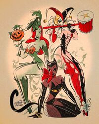 2d 3girls batman_(series) catwoman dc_comics green-skinned_female green_skin harley_quinn heterochromia high_heels jack-o'-lantern pamela_isley poison_ivy sveta_shubina