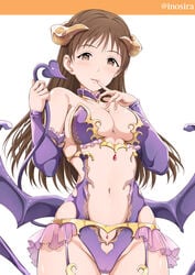 breasts cameltoe cleavage cosplay demon_girl demon_horns demon_tail demon_wings fate/grand_order fate_(series) female female halloween_costume halloween_princess_(fate/grand_order) heart heart-shaped_pupils holding_own_tail horns idolmaster idolmaster_cinderella_girls inoshira irisviel_von_einzbern irisviel_von_einzbern_(cosplay) large_breasts long_hair low_wings navel nitta_minami solo succubus symbol-shaped_pupils tail wings