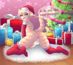 1boy akuro- anthro anus armwear ass christmas christmas_clothing christmas_headwear christmas_present christmas_tree clothing elbow_gloves embarrassed femboy genitals girly gloves handwear hat headgear headwear hi_res holidays legwear male penis plant presenting presenting_anus santa_hat solo sora_(tehkey) stockings tree