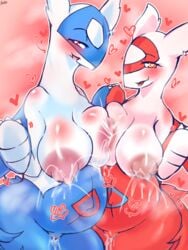 <3_eyes anthro bodily_fluids cum dragon duo female female_latios genital_fluids heart hi_res lactating latias latios legendary_pokemon looking_at_viewer nintendo open_mouth pokemon pokemon_(species) pokemon_rse pregnant pregnant_female rule_63 video_games wonkake