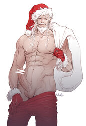 1boy abs bar_censor bara beard censored chest_hair christmas clothes_pull colonel_sanders erection facial_hair fast_food feet_out_of_frame goatee hat highres holding holding_sack i_reibun kfc large_pectorals long_beard long_hair male_focus male_only mature_male moustache muscular muscular_male navel navel_hair nipples no_male_underwear old old_man pants pants_pull pectorals penis pulled_by_self pulling_down_pants red_pants sack santa_costume santa_hat skindentation smile solo solo_male stomach thick_thighs thighs topless_male veins veiny_penis white_hair