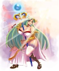 1girls alternate_breast_size awesomeerix cleavage clothed female female_only gladiator_sandals green_eyes green_hair kid_icarus kid_icarus_uprising large_breasts long_hair looking_at_viewer nintendo palutena pole_between_breasts smile solo staff thighhighs