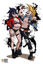 1girls abs bra cleavage clothed duo female fingerless_gloves fishnets glasses headphones hizashi_yamada iury_padilha jacket kayama_nemuri long_hair male microphone midnight_(my_hero_academia) my_hero_academia nemuri_kayama present_mic punk red_jacket revealing_clothes ripped_fishnets yamada_hizashi