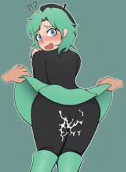 black_tights blue_eyes boots cum_on_clothes cum_on_lower_body fionapollo green_hair hat headwear lolo_mp3 long_sleeve_shirt looking_at_viewer mint_(fionapollo) shocked_expression short_hair skirt skirt_lift surprised tights turning_head youtube youtuber