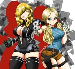 2girls awesomeerix grenade gun katherine_warren lara_croft_(cosplay) rachel_foley resident_evil resident_evil_revelations tomb_raider weapon weapons