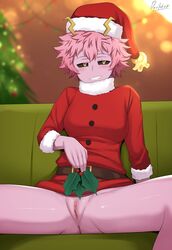 1girls black_sclera bottomless christmas christmas_outfit christmas_tree devilukez female female_only mina_ashido mistletoe my_hero_academia no_panties pink_hair pink_skin pinky presenting presenting_pussy pussy santa_costume santa_hat solo yellow_eyes yellow_pupils